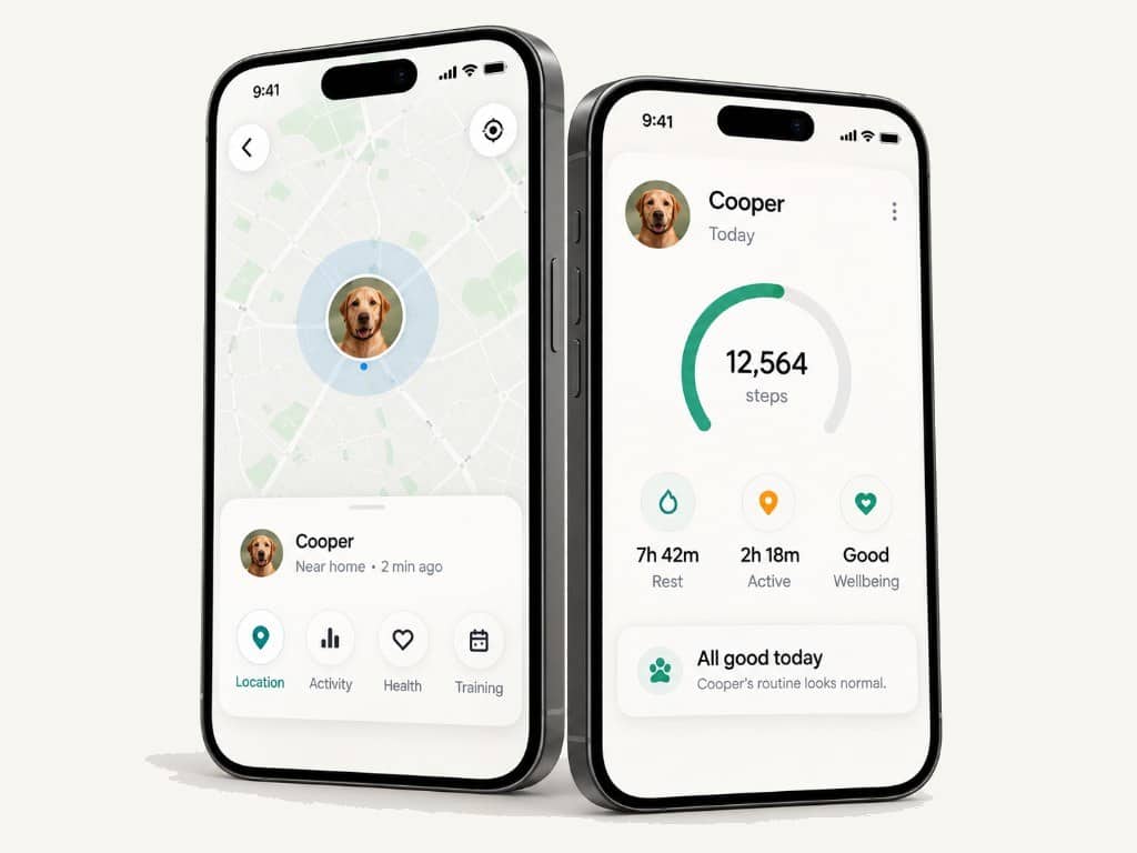 Die PawLink-App auf zwei Telefonen, mit Standort sowie Aktivität und Ruhe eines Hundes.