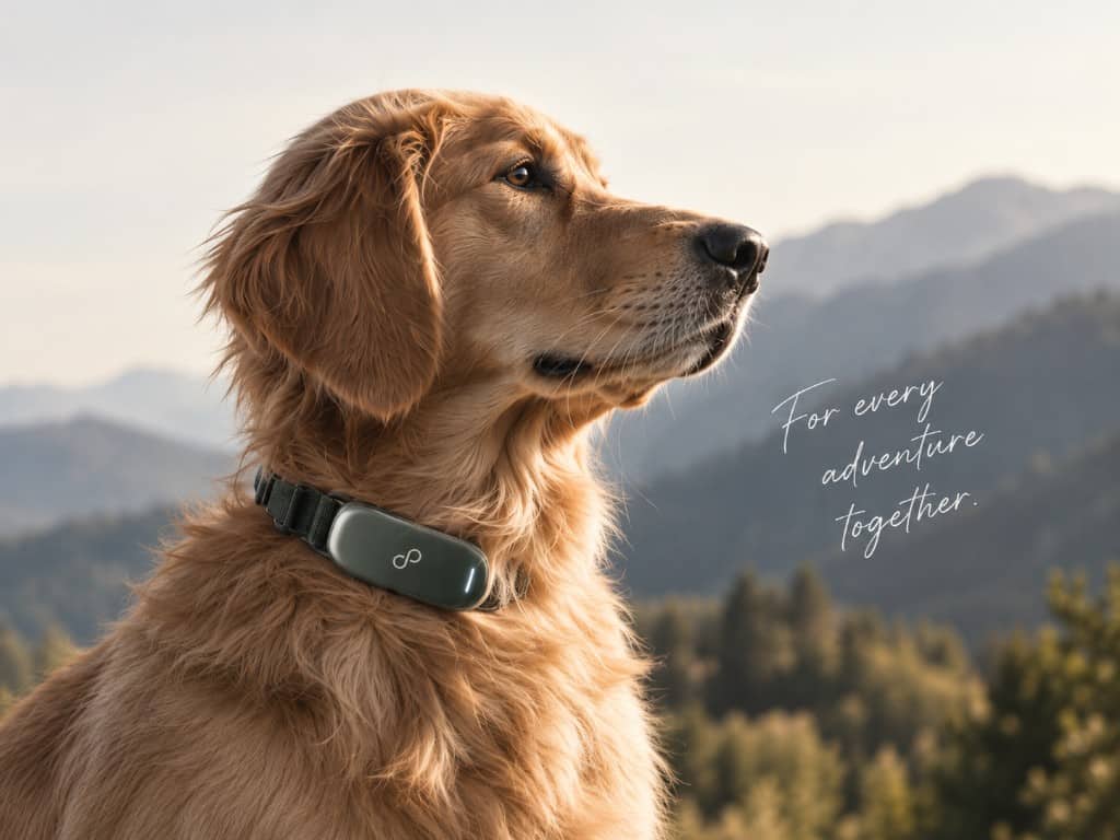 Golden Retriever in den Bergen mit einem PawLink-Halsband.