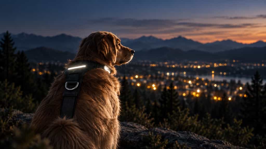 Golden Retriever in der Dämmerung mit leuchtendem PawLink-Geschirr, Stadtlichter im Hintergrund.